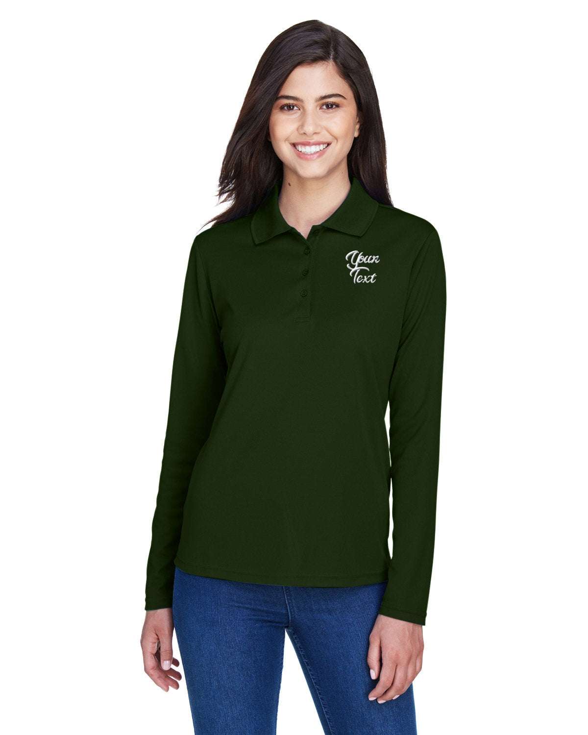 Long Sleeve Dry-Fit Polo with Custom Text Embroidered - Women - forest green