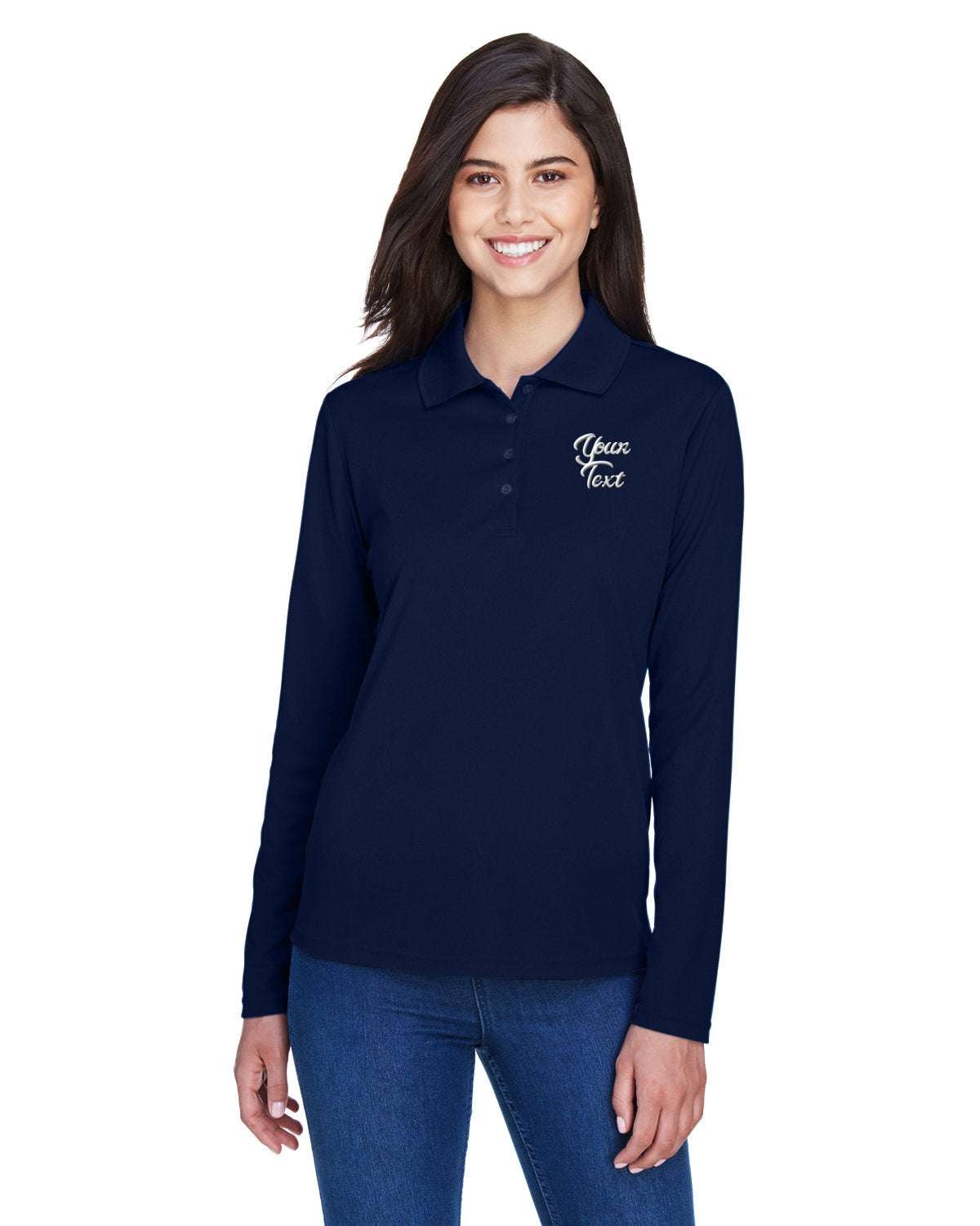 Long Sleeve Dry-Fit Polo with Custom Text Embroidered - Women - navy