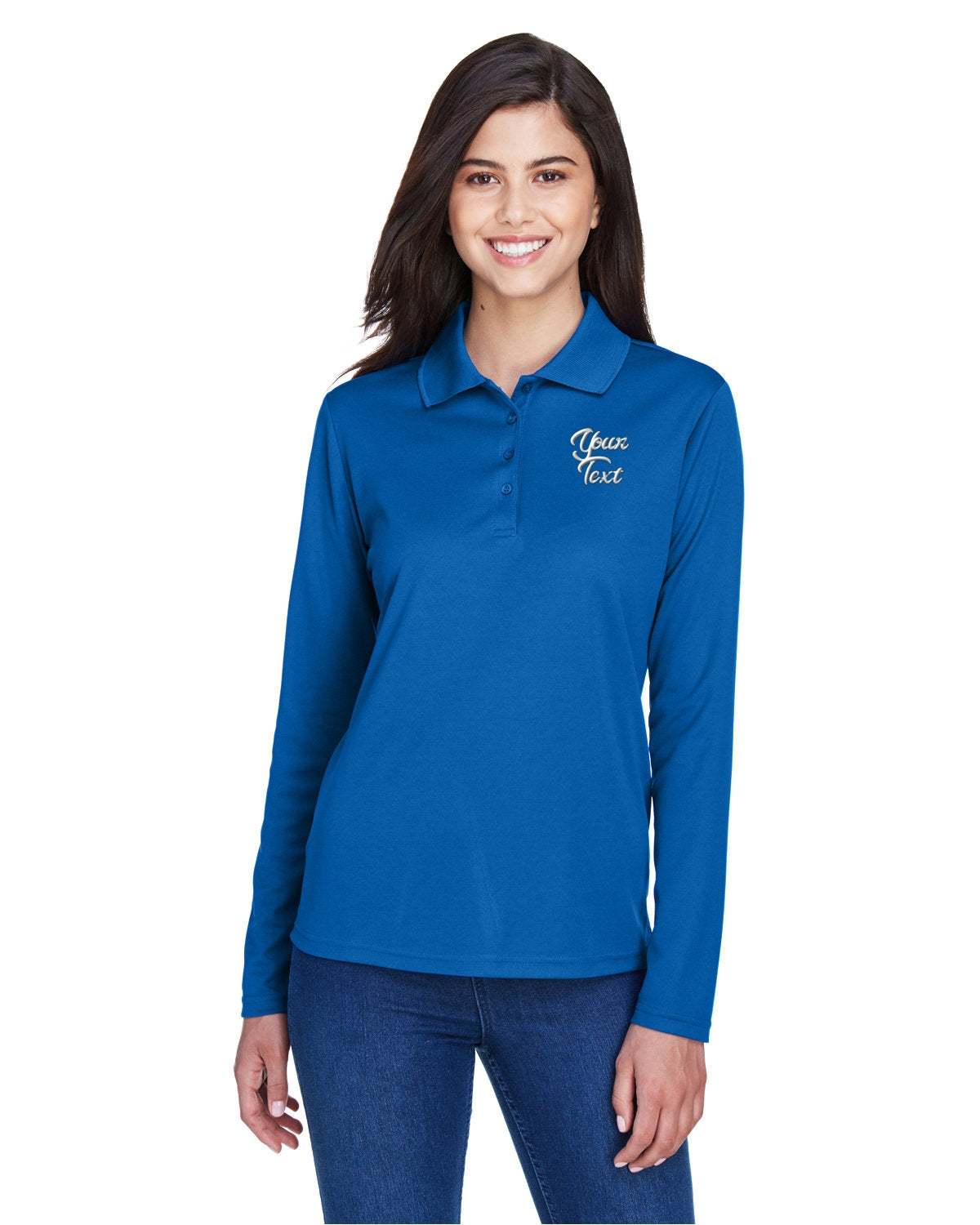 Long Sleeve Dry-Fit Polo with Custom Text Embroidered - Women - royal blue