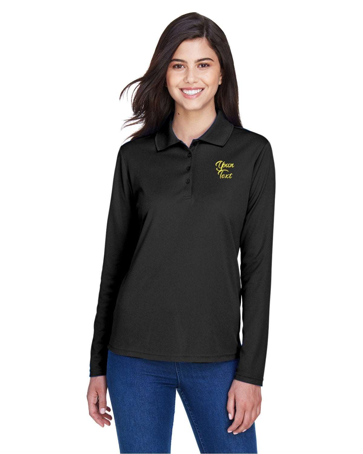 Long Sleeve Dry-Fit Polo with Custom Text Embroidered - Women - black