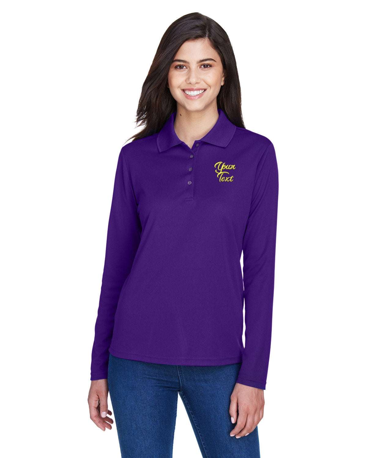 Long Sleeve Dry-Fit Polo with Custom Text Embroidered - Women - purple