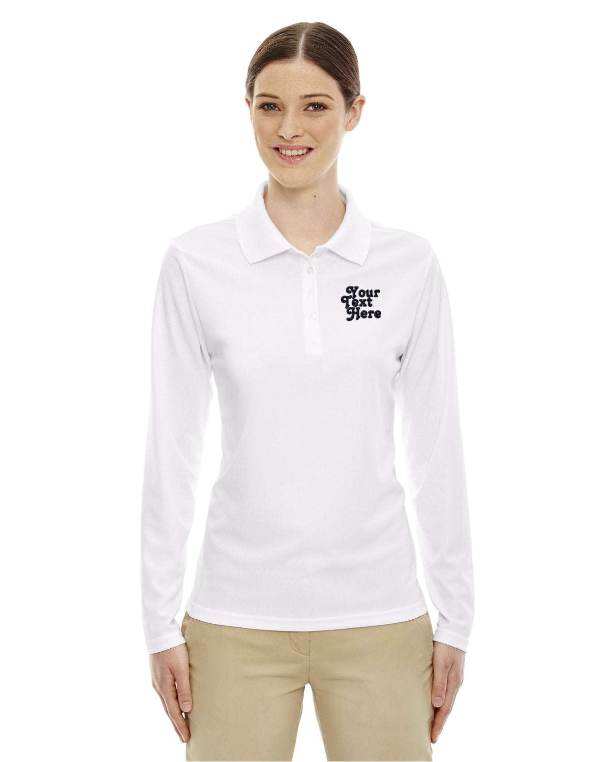 Long Sleeve Dry-Fit Polo with Custom Text Embroidered - Women - white