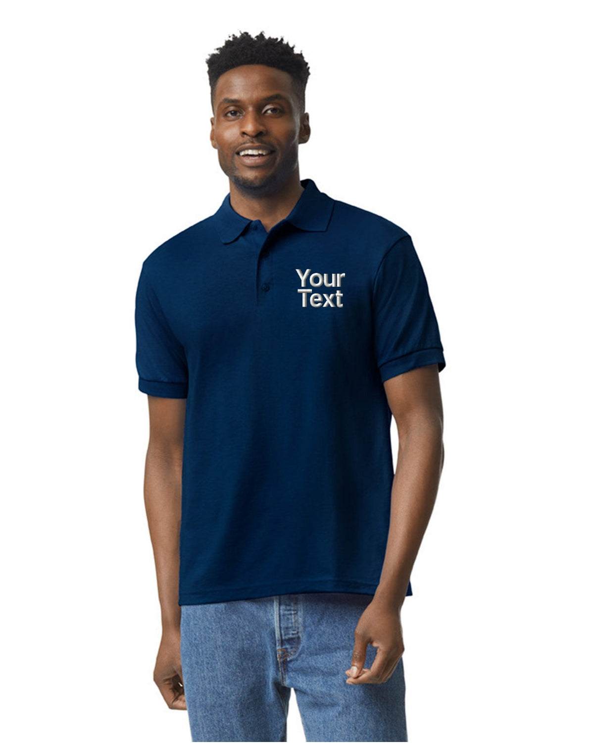 Men - Cotton Short Sleeve Polo with Personalized Text Logo Embroidered - navy