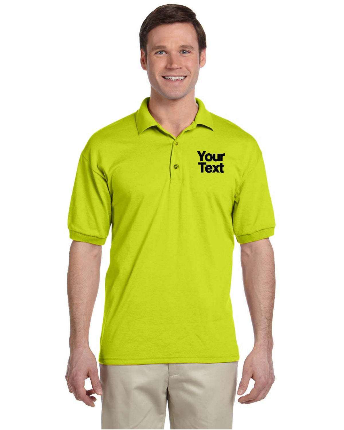 Men - Cotton Short Sleeve Polo with Personalized Text Logo Embroidered - safety green